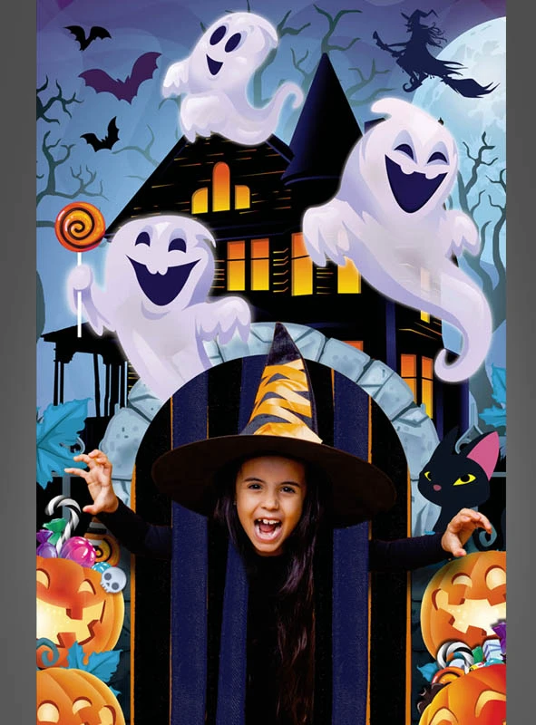 Süße Halloween Türverkleidung Geisterhaus 145x240cm 3 Süße Halloween Türverkleidung Geisterhaus 145x240cm